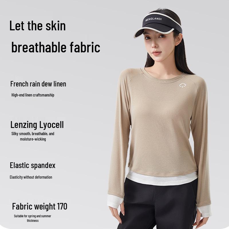 Dámské průsvitné tričko s dlouhým rukávem z lyocellu a lnu slim-fit s designem falešného dvoudílného vzhledu