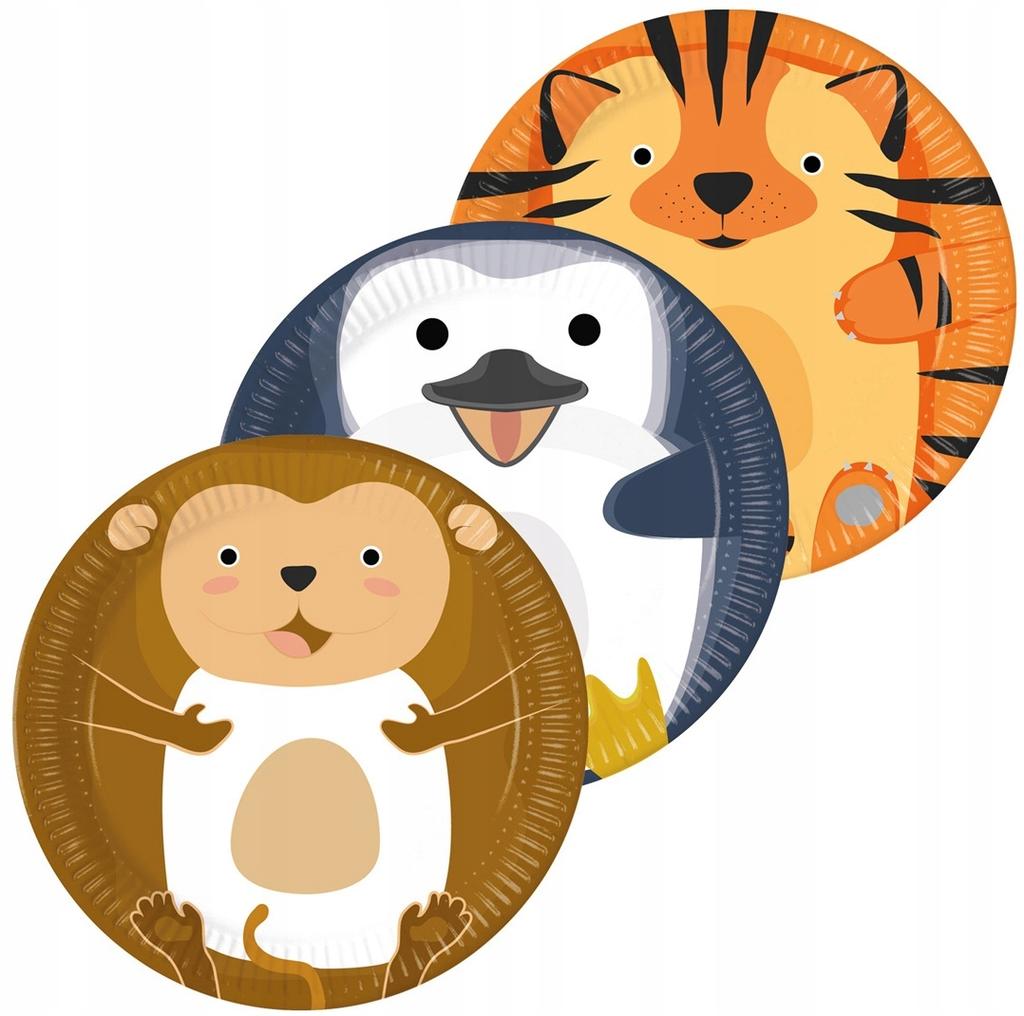 Talerzyki Papierowe Zwierzęta Zoo Tygrys Małpa Pingwin Urodziny 23Cm 8Szt.