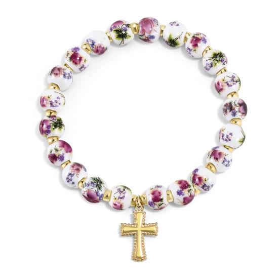 

Women Bracelet Blue White Ceramic Beads Decor Elastic Rope Bracelet with Stainless Steel Charm Wristwear Jewelry Accessory