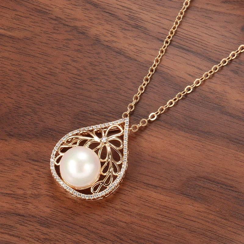 Hollow Drop Geometric Large Pearl Pendant Full Zircon Necklace for Women Luxury Wedding Jewelry