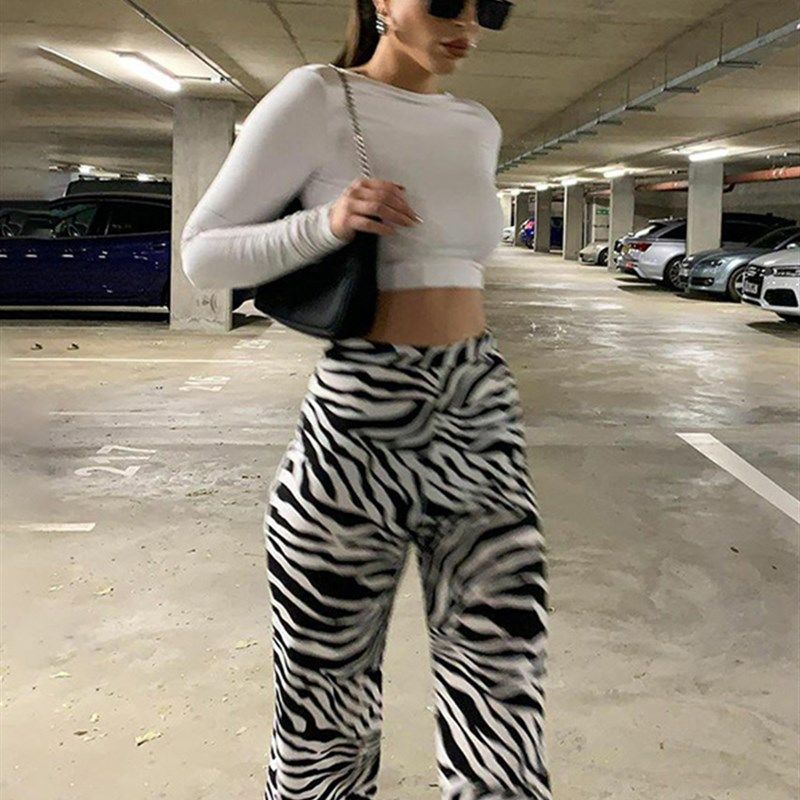 WannaThis Zebra Print Wide Leg Pants Trousers Sexy High Wais