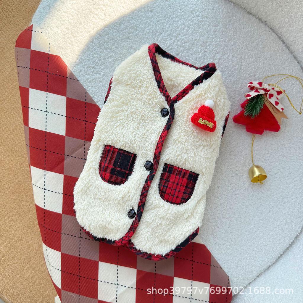 Christmas Wind Cat Clothes Autumn and Winter Warm Thickened Double-sided Velvet Cardigan Vest Dog Clothes