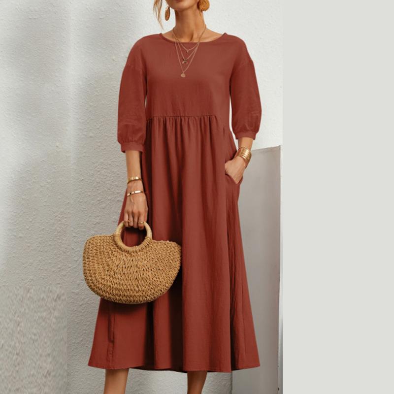 Móda Letní šaty s jednobarevným rukávem Dámské Vintage Volné Bavlna Povlečení Ležérní šaty Žena Dámské šaty do kapsy Plus Velikost 24196