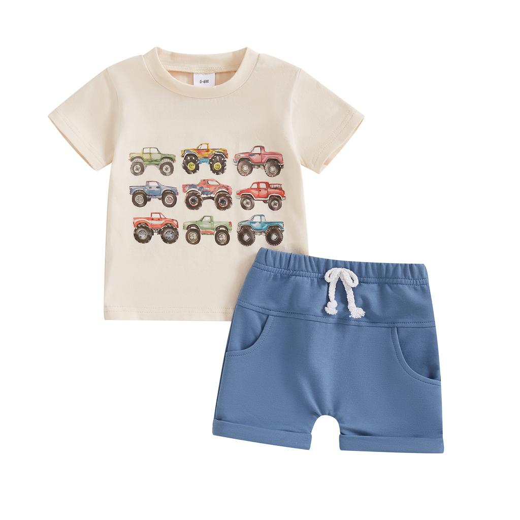 Toddler Boys Summer Outfits Retro Truck Print Round Neck Short Sleeve T-Shirts Elastic Waist Shorts 2Pcs Clothes Set
