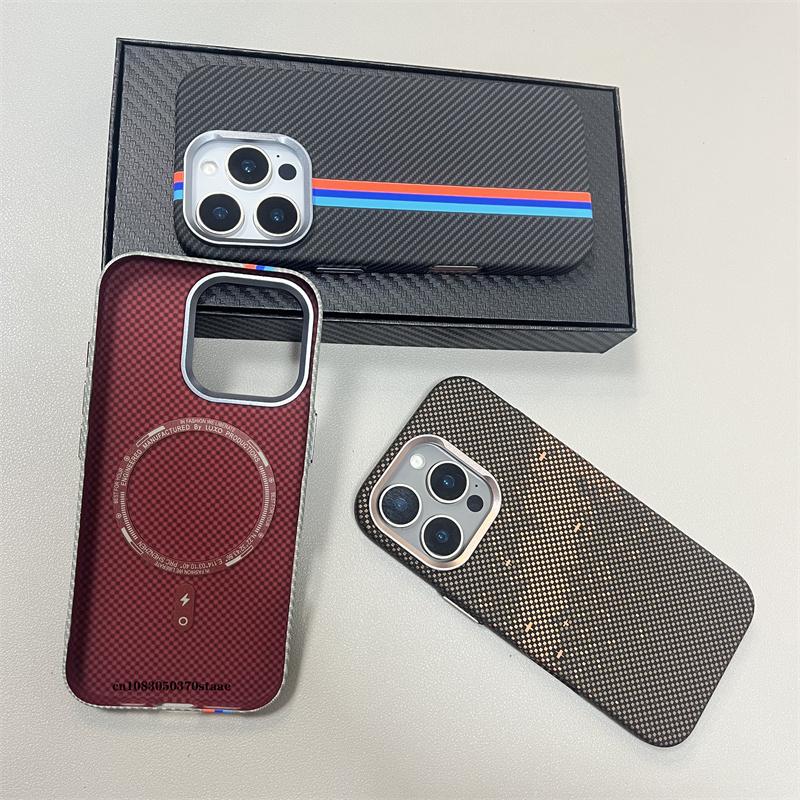 For MagSafe 16Pro Case Carbon Fiber 3D Relief Case for iPhone 16 15 14 13 Pro Max Wireless Charging Alloy Lens PC Magnetic Cover