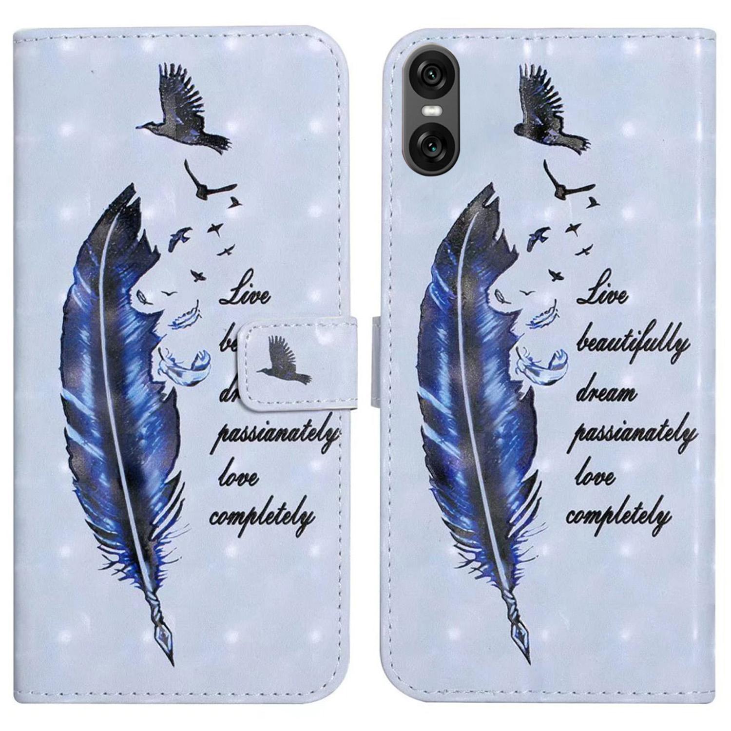 

For Sony Xperia 10 VI Case 3D Creative Pattern PU Leather Stand Phone Cover Blue Feather