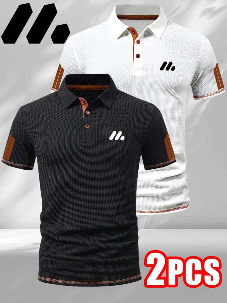 2pcs Men's Golf Polo Shirts Collar - Short Sleeve & Color-Block, Men's Business Casual Polo T Shirts for Spring And Summer