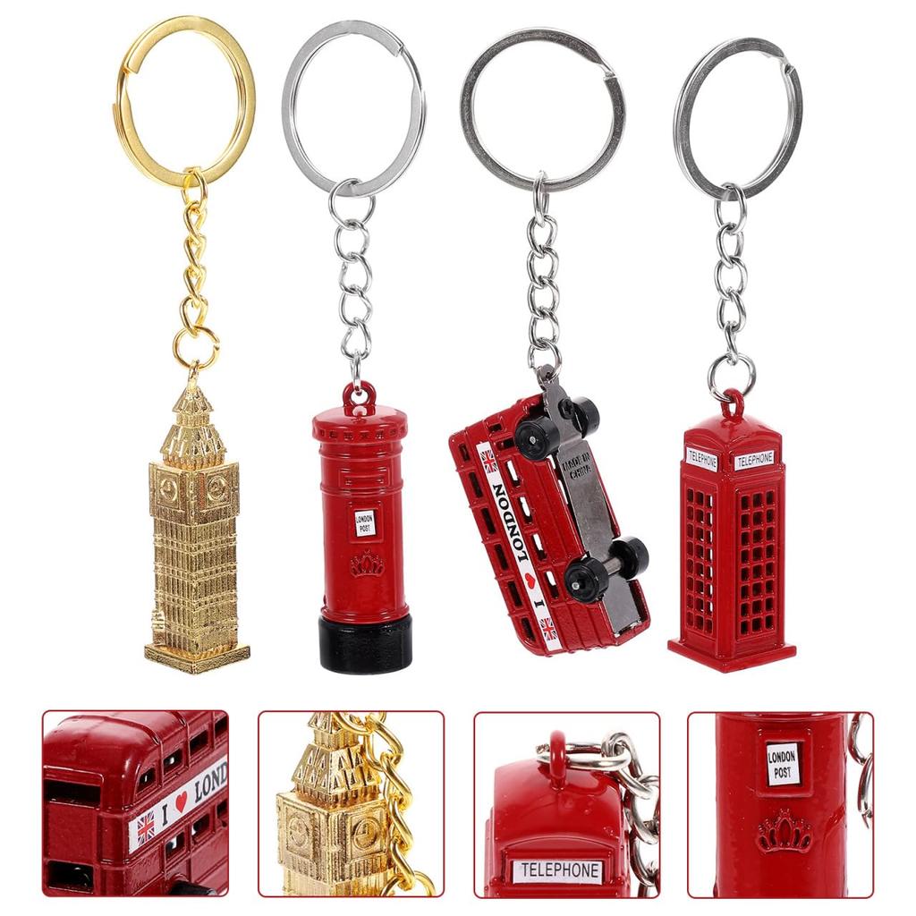 HOLIDYOYO Set of 4 Bus Model Keychains, Alloy London Telephone Booth and Double-Decker Bus Bag Charms, Unisex Keychain Pendants, 4.17" x 0.91" x 0.51"