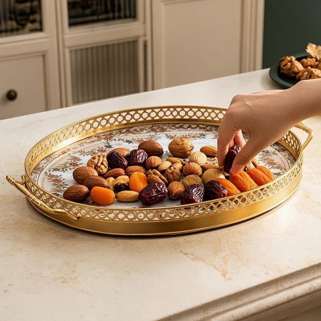 Floral Tray with Metal Frame Decorative Oval Serving Gold for Home