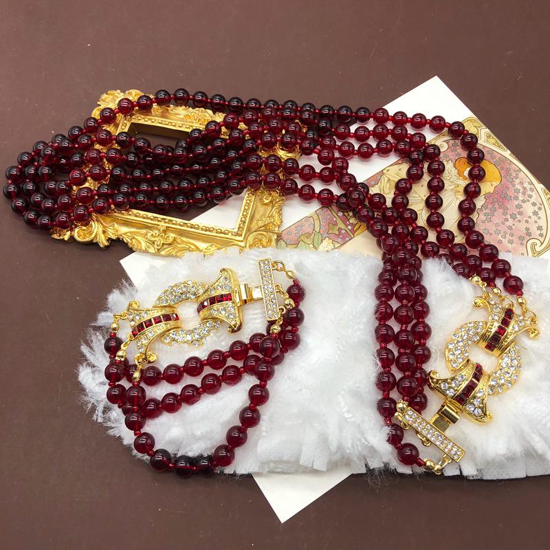 Retro Pomegranate Red Glass Bead Layered Sweater Chain & Rhinestone Necklace Bracelet Set