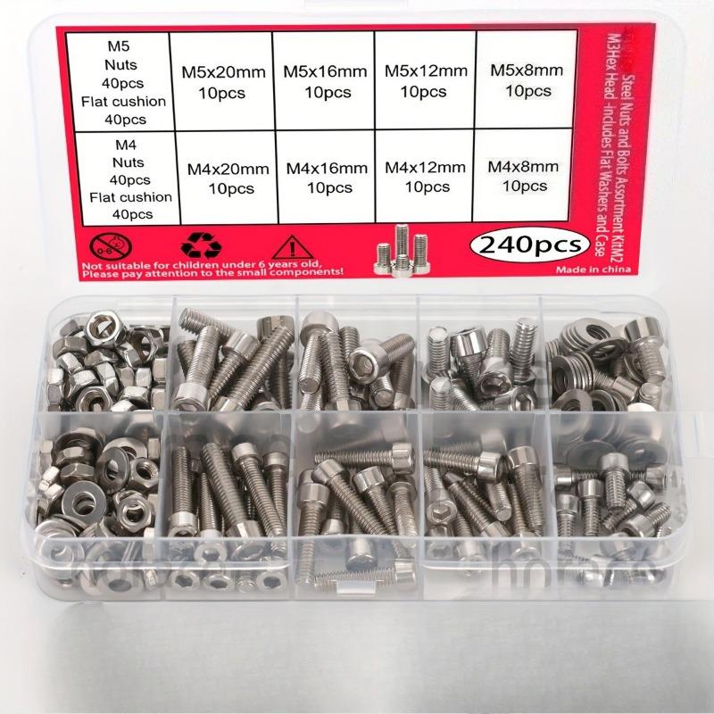 Kit da 240 Pezzi di Dadi e Bulloni Esagonali - M2 M3 M4 M5 - Include Rondelle Piane