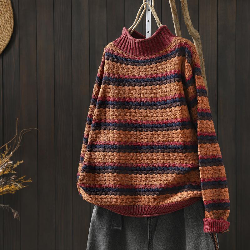 Women s Relaxed Wool Sweater: Autumn/Winter 2025, Half-High Neck, Color Block Stripe Knitwear One Size (Suitable for 90-135 Jin)