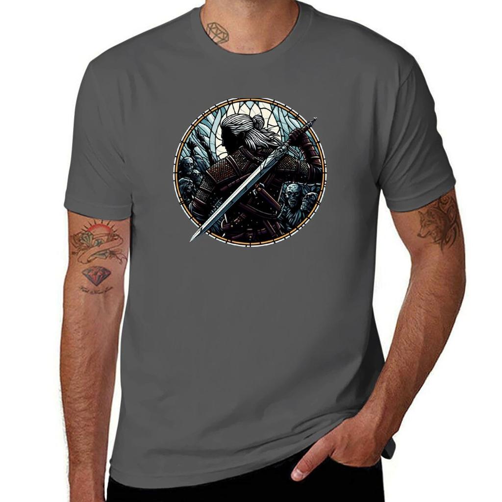 Stained Glass Monster Slayer Fights Undead Dark Fantasy Tshirt Casual Simple Design Short Sleeve Shirt