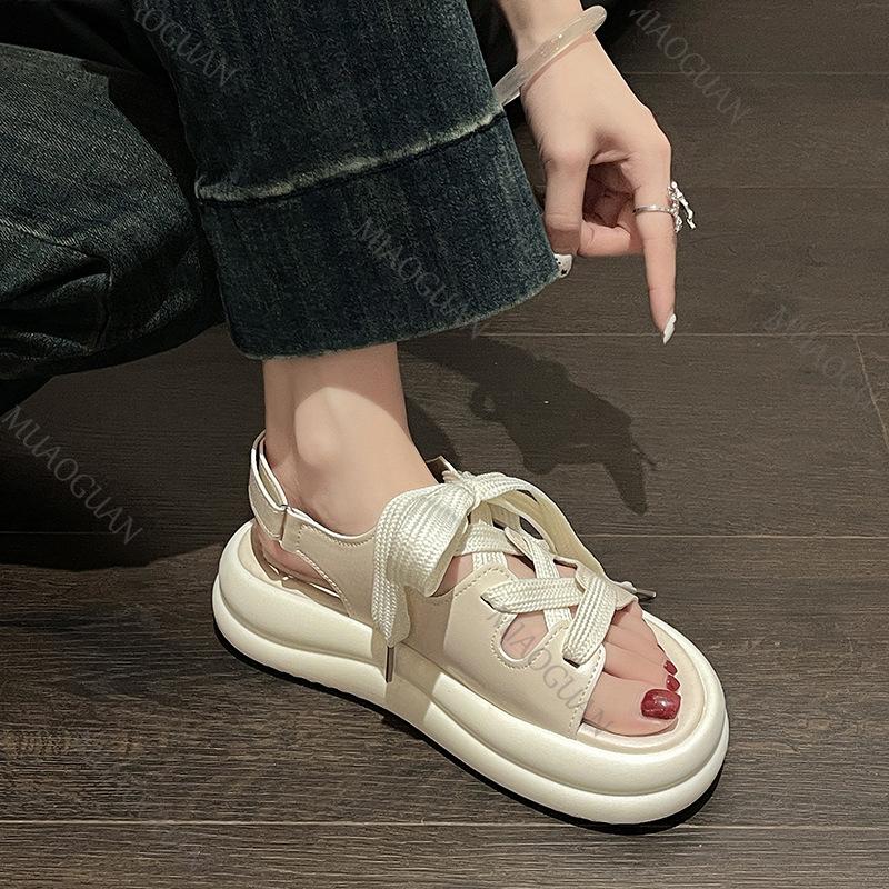 Fashion Thick Bottom Sports Sandals Women Summer Shoes Hollow Breathable Strappy Roman Shoes Beige Black Flat Leisure Soft Sole Sandales