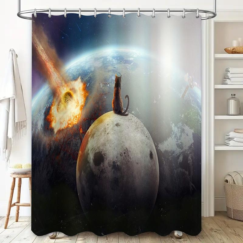 Galaxy Cat Space Bath Curtain Nebula Universe Home Decor Shower Curtain Moon Planet Room Divider Backdrop
