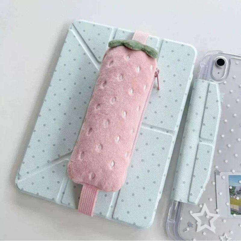1 Peça Estojo de Papelaria Portátil com Estilo Fofo de Morango de Pelúcia com Alça Superior, Estojo Grande de Lápis Exquisito para Estudantes
