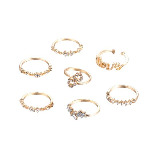 7 Pcs/Set Women Ring Set Different Shapes Rhinestone Knuckle Rings Hollow Out Heart Polished Alloy Rings Prom Party Jewelry