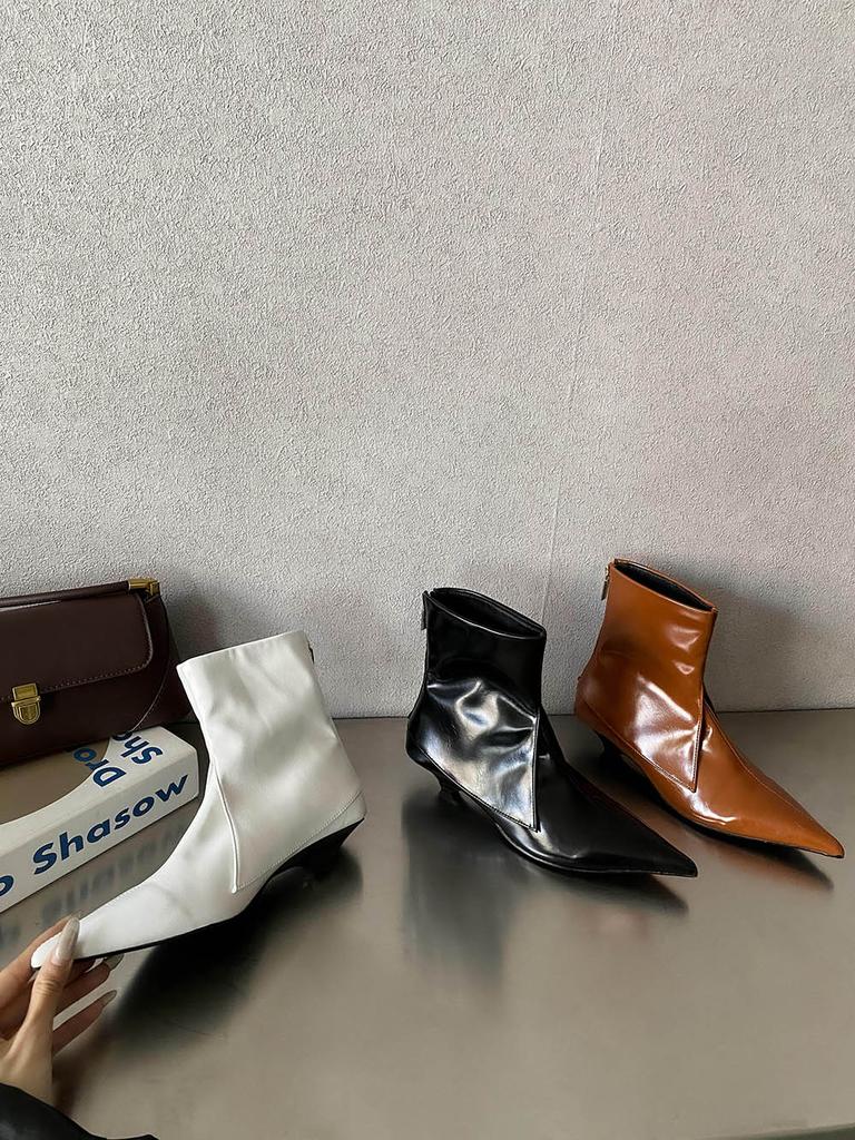 fashion Winter Women Ankle Boots Pointed Toe Black White Brown Thin Low Heels Back Zipper Winter Autumn Short Boots Woman Size 35-40