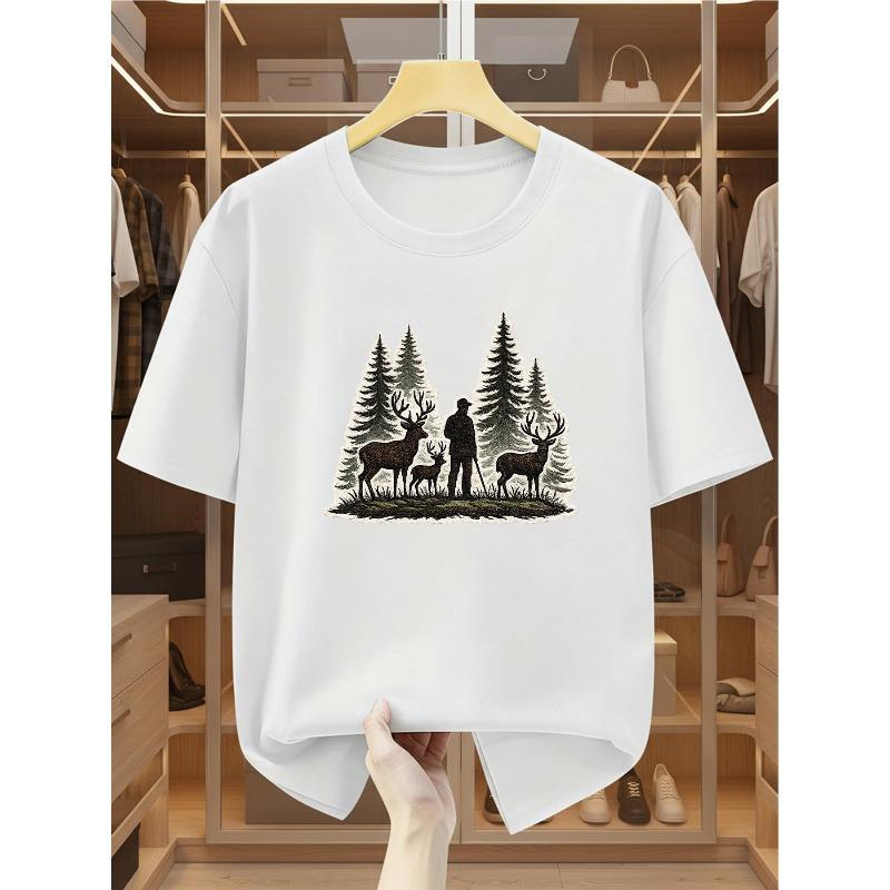 European sizes Men'S T-Shirt with Forest Deer And Hunter Print Comfortable Casual Short-Sleeve Tee for Summer
