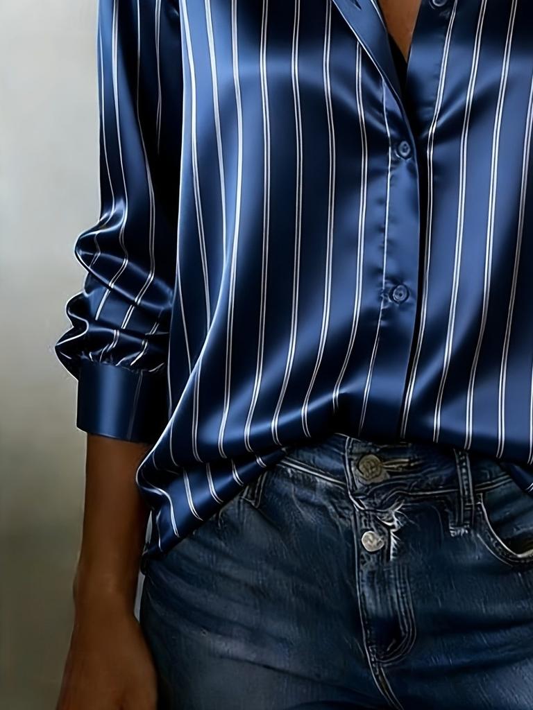 Chemise élégante bleu marine satinée à rayures verticales blanches pour femme - Chemisier à manches longues boutonnée pour le bureau et le quotidien