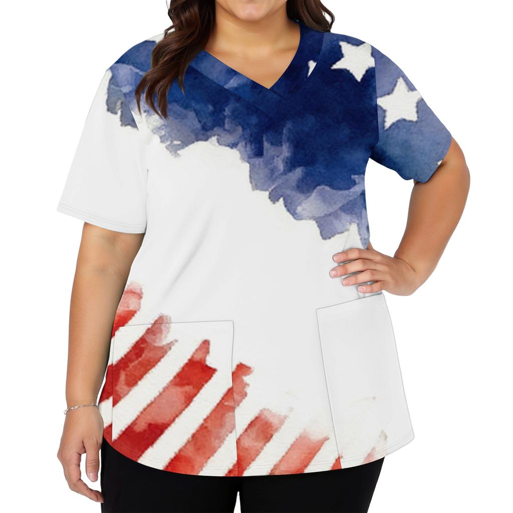 Women's Fashionable Casual Independence Day American Flag And Stars Print V-neck Short-Sleeved Work Shirt With Double Side Slits And Pockets