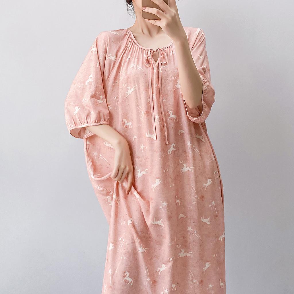 1011 new cotton and silk nightdress women's summer short-sleeved pajamas cartoon pony element long loose cotton silk skirt can be worn outside