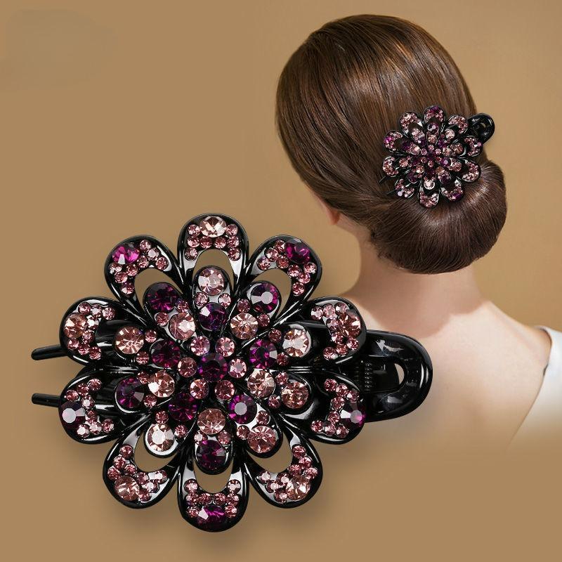 Flower Hair Clip Crystal Rhinestone Fancy Ponytail Barrette Elegant Hair Clip for Women