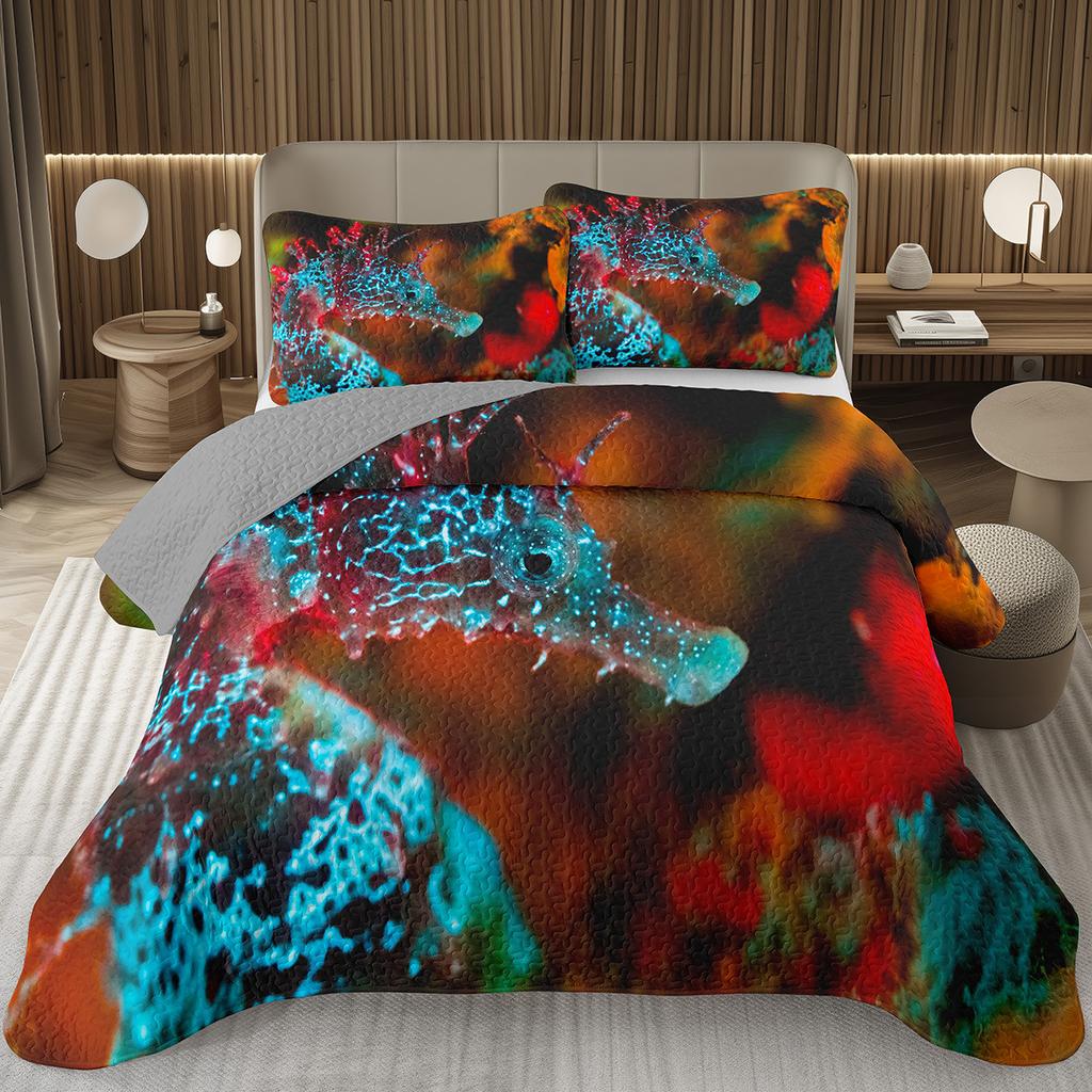 Comforter Seahorse Queen Size 3D Seahorse Printed Bedding Set Ocean Animal Quilted Marine Mediterranean Style Bed