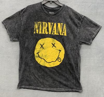 T-shirt Grafica Nirvana Uomo XL Nero Stonewash Logo Faccina Sorridente Girocollo