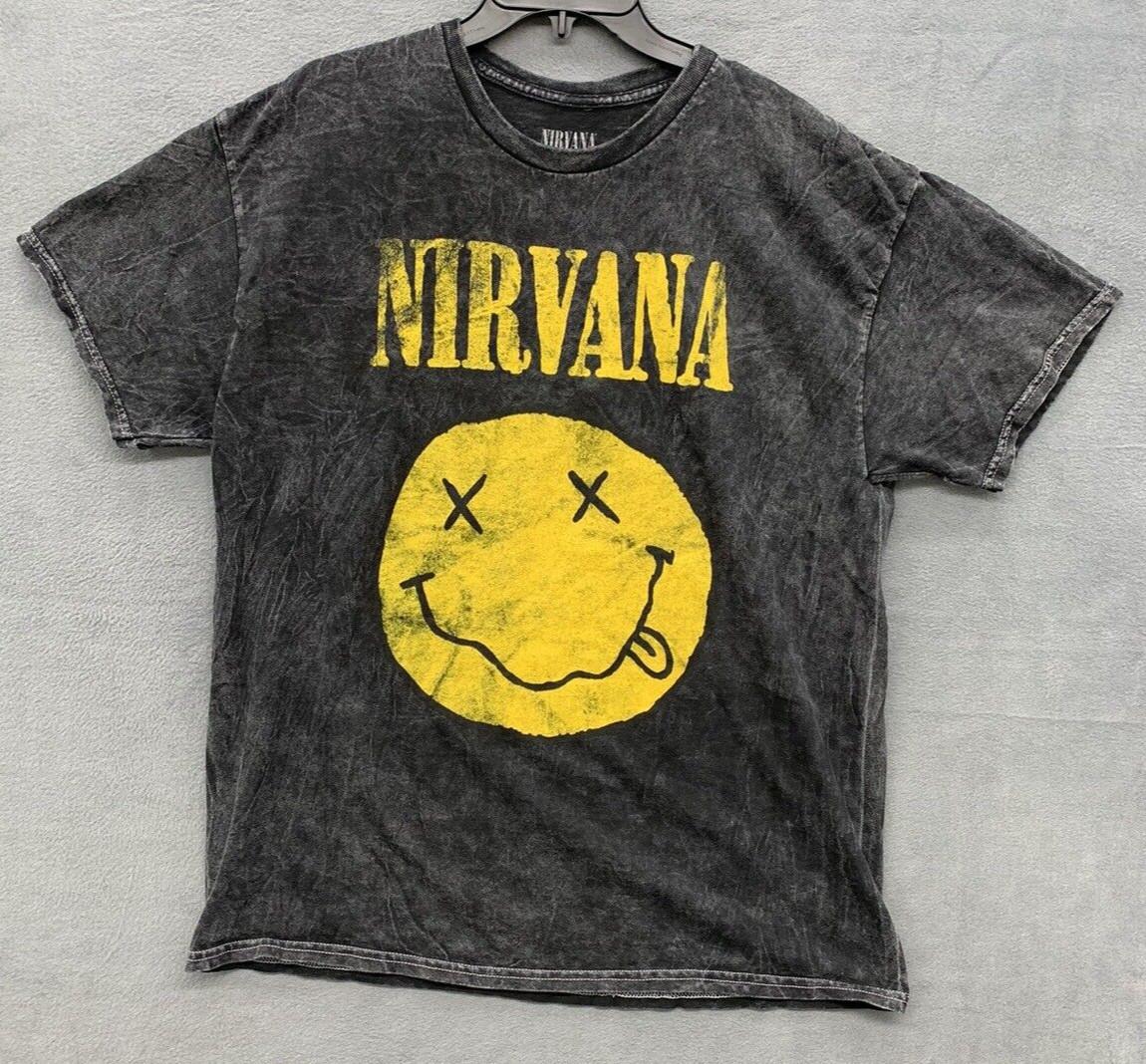Nirvana Graphic Tee T-Shirt Mens XL Black Stonewash Smiley Face Logo Crew Neck 2XL