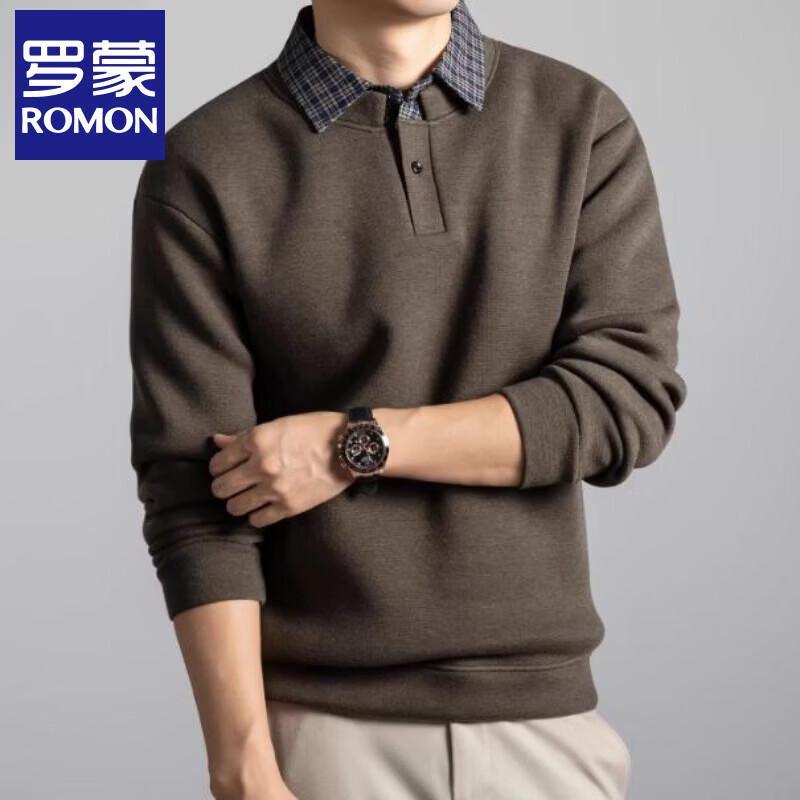 Luo Meng Men s Plush-Lined Faux Two-Piece Collared Long-Sleeve Sweatshirt M