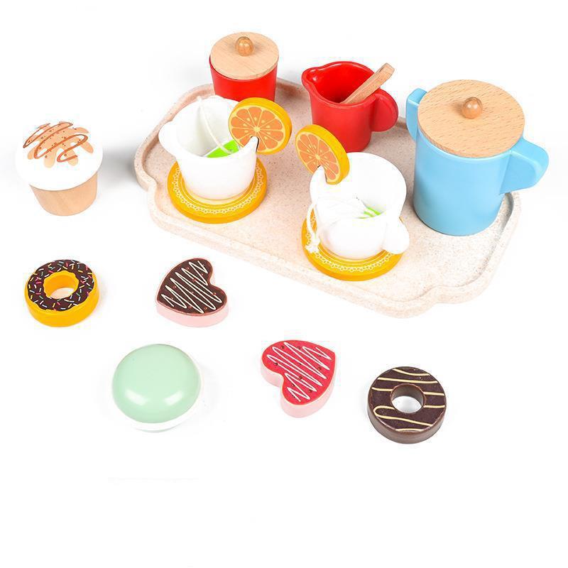 Kids Wooden Toys Coffee Maker Toy Set Cake Ice Cream Tea Time Playset Toddler Pretend Play Kitchen Accessories Gift for Children