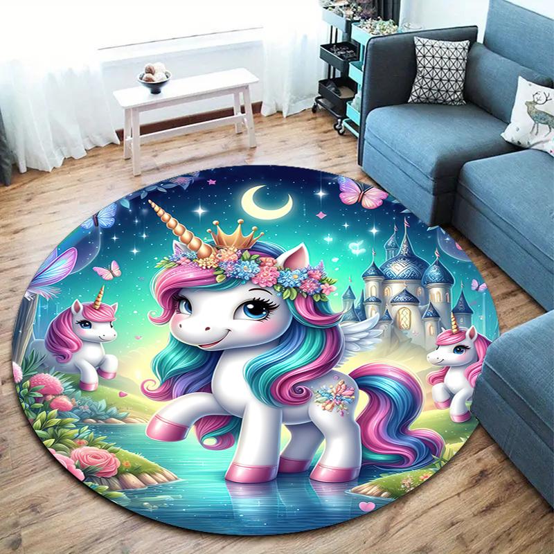 1Pc Cute Unicorn Circular Print Rug - Home Decoration Carpet For Living Room Bedroom Flooring Computer Chair Area Rug