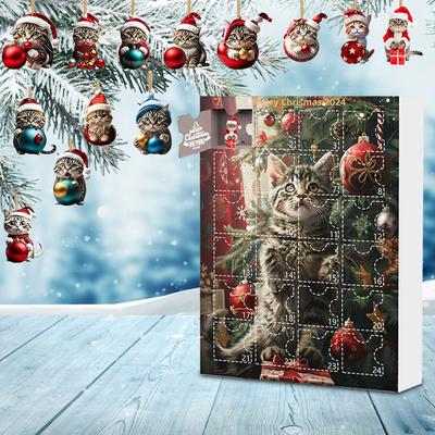 2025 Christmas Advent Calendar 2D Flat Cartoon Cat Pendant Countdown Calendar Xmas Tree Hanging Ornaments For Door Wall Windows