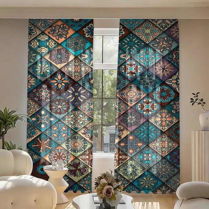 2-Piece Set of Bohemian Mandala Pattern Curtains, Rod-Pocket Style Semi-Transparent Polyester Curtains, Bohemian Floral Print Light-Filtering Curtains 60×150cm(23.6×59in)