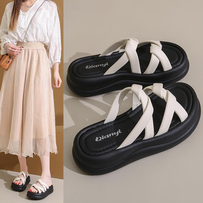 

Stepping on shit feeling thick-bottomed muffin slippers women s 2025 summer new Korean version fashion cross-strapped high-heeled one-word cool s 41 бежевый