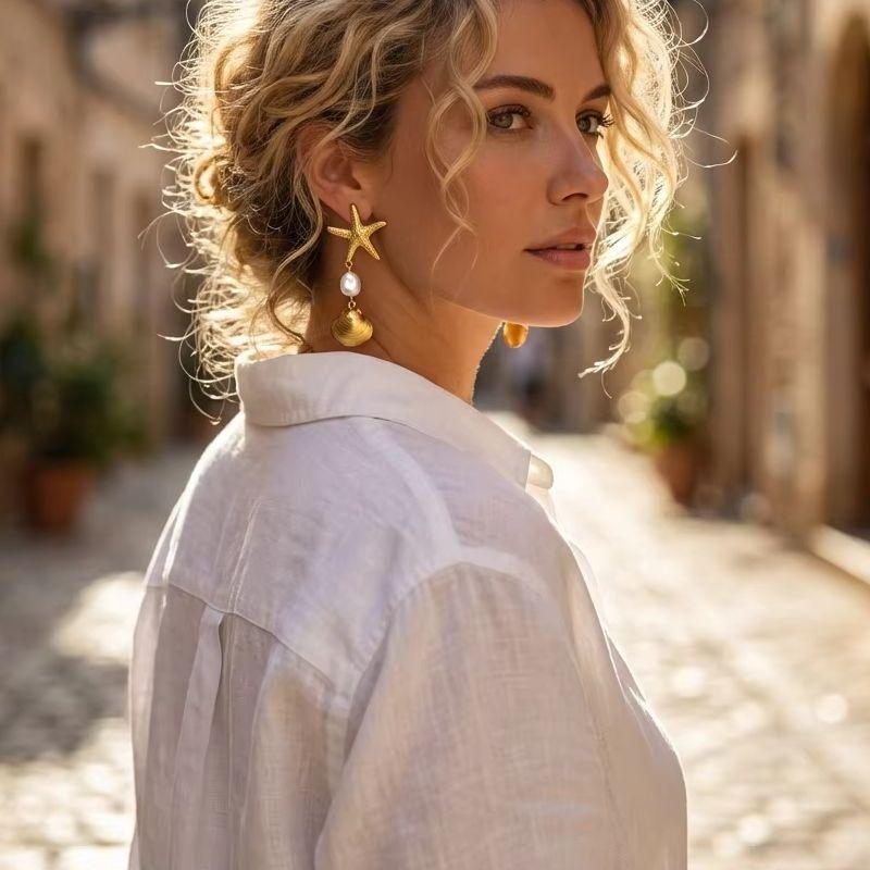 Trendy Irregular Imitation Pearl Shell Drop Earrings for Women Bohemian Sea Star Dangle Earrings Beach Party Jewelry Gift