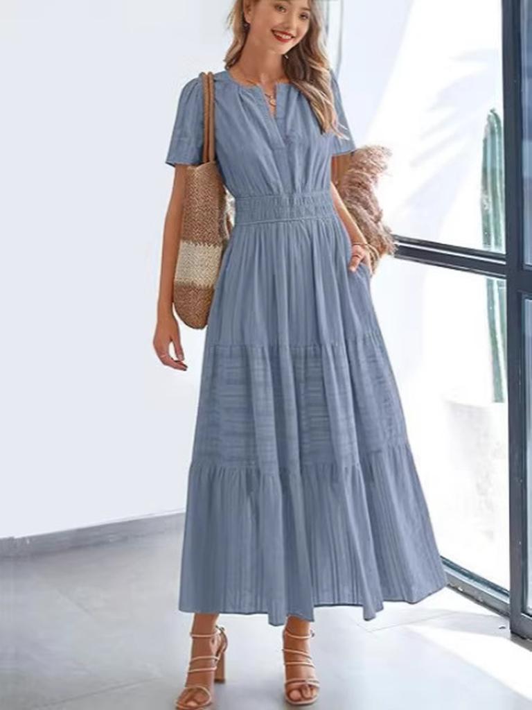 Spring/Summer Women's Fashion V-Neck Ruffled Bubble Sleeve Layered Maxi Dress for Women
