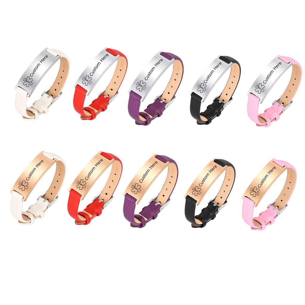 Braccialetto ID di Allerta Medica di Emergenza per Donne, Braccialetti in Vera Pelle con Incisione Gratuita, Gioielli Sportivi Personalizzabili per Diabetici