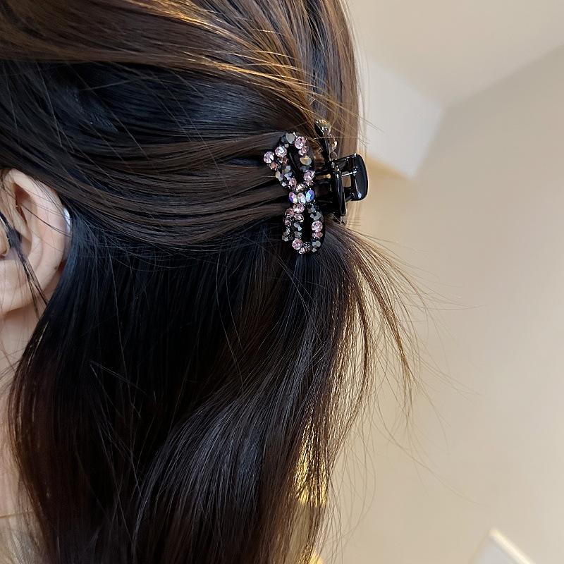 Korean Hair Accessories: High-Quality Rhinestone Hair Claw with Elegant Bow, Small Claw Clips for Women