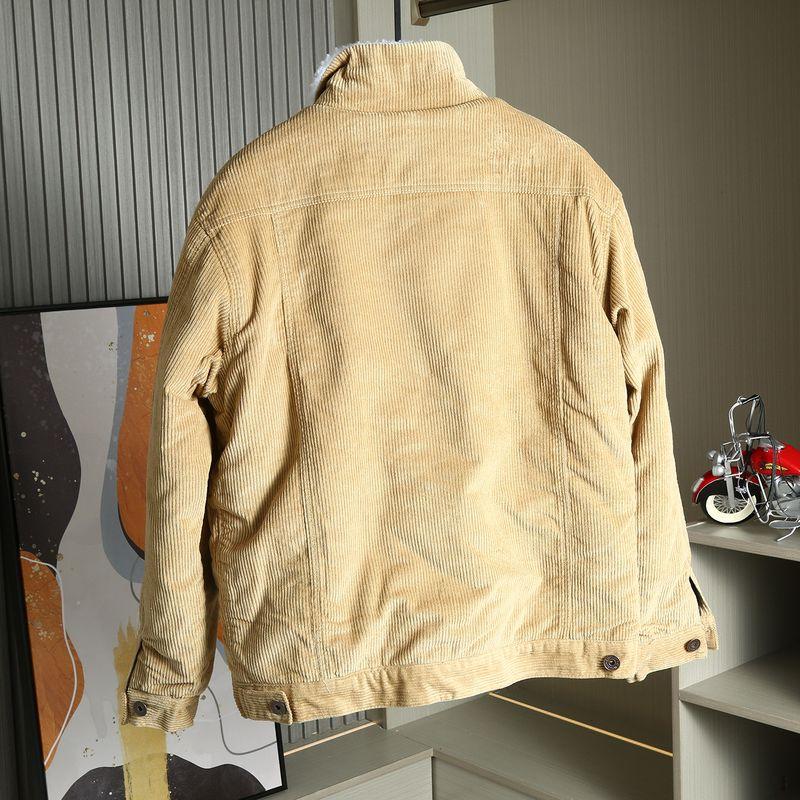 American-Style Retro Corduroy Lambswool Lapel Jacket for Men, Fleece-Lined, Thickened, Warm Workwear Coat, Trendy
