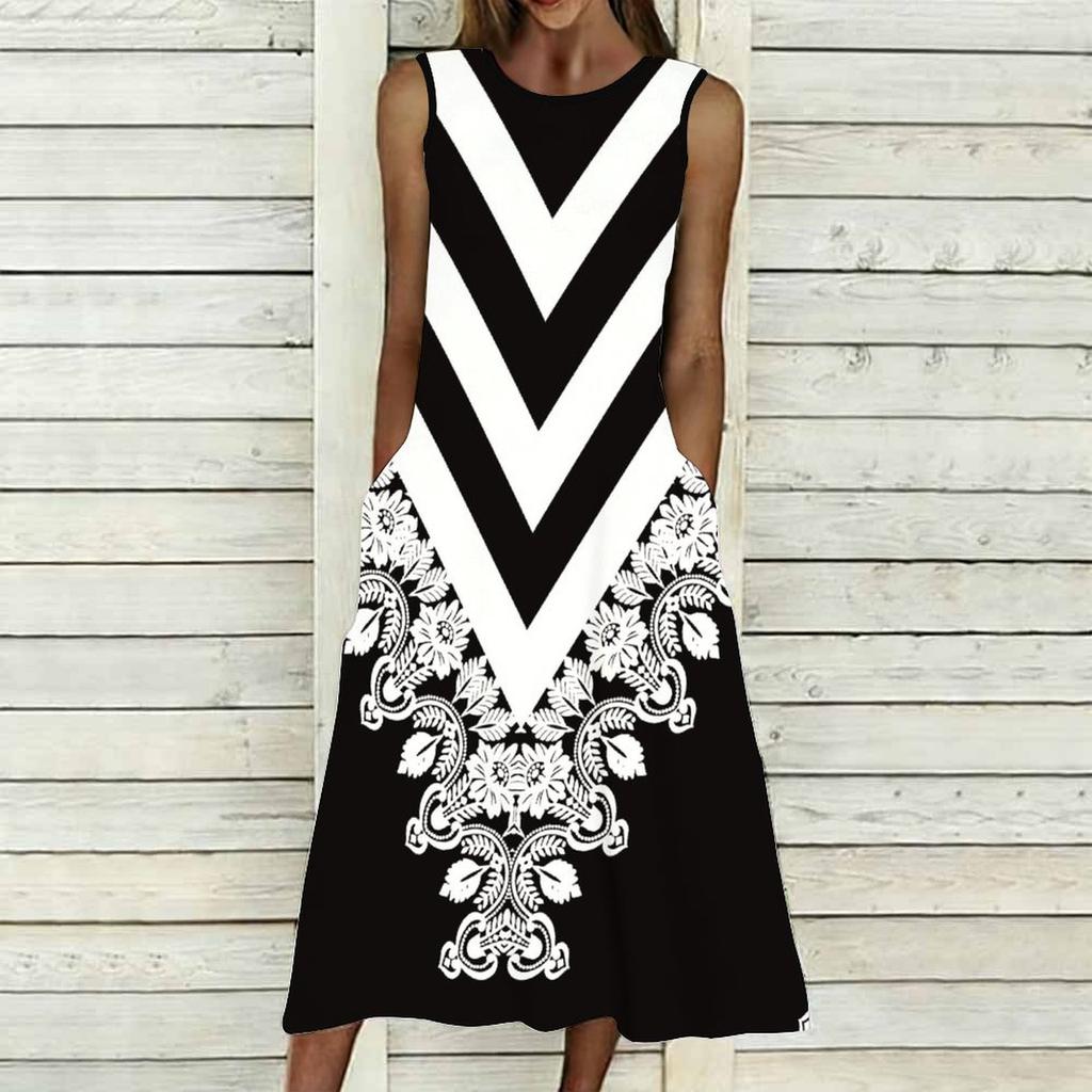 Women Oversized Sleeveless Crew Neck Dress Soft Watercolor Floral Loose Mid Calf Gown