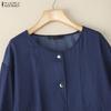 ZANZEA Women Casual Round Neck Loose 3/4 Sleeve Plain Blouse