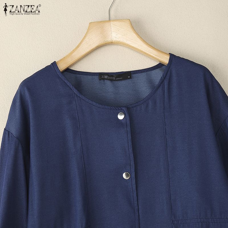 ZANZEA Women Casual Round Neck Loose 3/4 Sleeve Plain Blouse