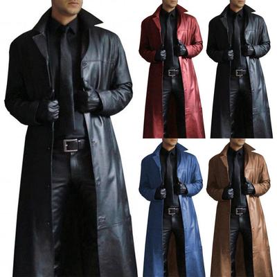 Collar Solid Color Windbreaker Leather Slim Long Leather Jacket Coat