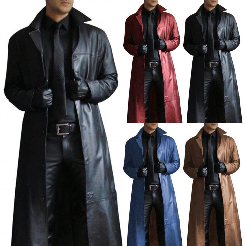 Collar Solid Color Windbreaker Leather Slim Long Leather Jacket Coat