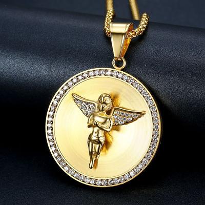 Megin D Stainless Steel Titanium Luxury Gold Angel Round Pendant Collar Hip Hop Chains Necklace for Men Women Couple Gift Jewel