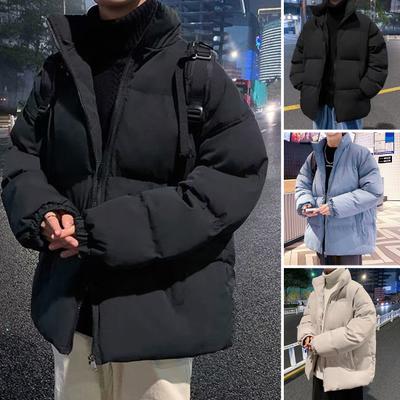 Men Cotton Padded Coat Stand Collar Long Sleeve Zipper Placket Thickened Jacket with Side Pockets Solid Color Puffer Outwear