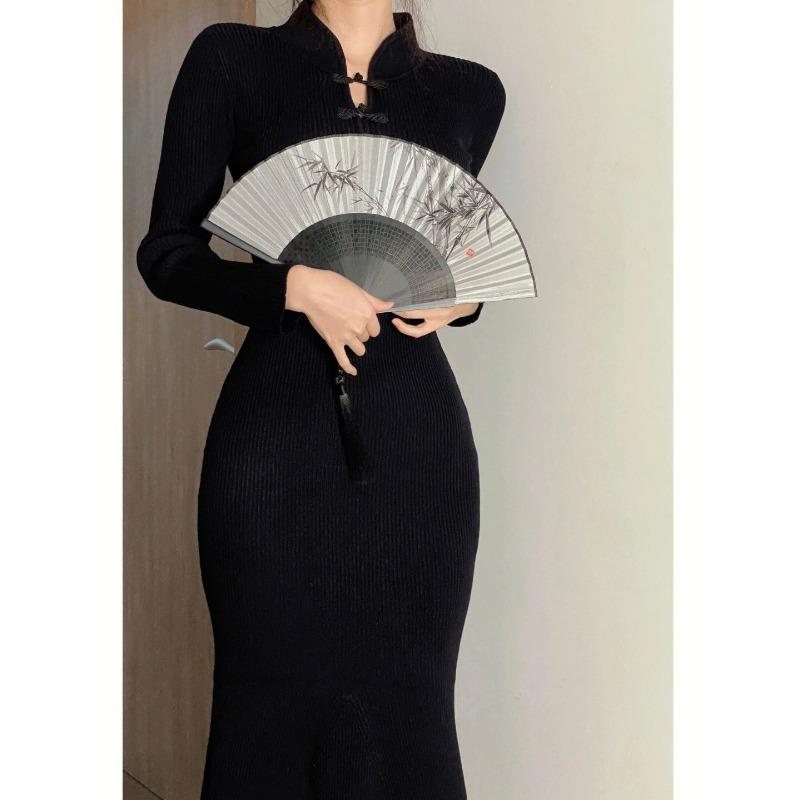 Retro Black Knitted Gentle and Light Royal Sister Dress Niche Design Slim and Thin Temperament