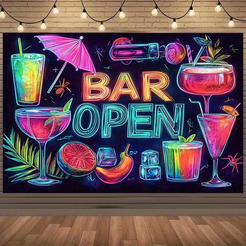 2D Neon BAR OPEN Cocktail Backdrop Tropical Fruit Pub Party Photo Banner 47.2x31.5inch/120*80cm